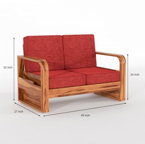 Image of Solid Sheesham Wooden 2 Seater Sofa for Living Room | Sofa with Side Pocket Storage & Cushion | Rosewood Sofa Set for Home & Office (Honey with Red Cushion, 2 Seater)