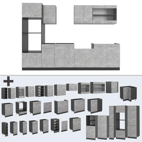 Vicco Cucina Componibile Calcestruzzo/Antracite 300 Cm Con Armadio Alto, Pl Rovere - 6