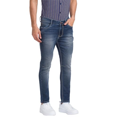 Image of Parx Men's Cotton Blend Dobby Pattern Skinny Cropped Fit Flat Front Jeans