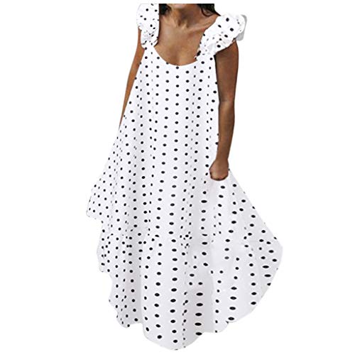 Kingwo 2020 Womens Vintage Polka Dot Maxi Dress Boho Summer Beach Sundress Retro Loose Sleeveless Swing Cocktail Party Long Maxi Dresses White