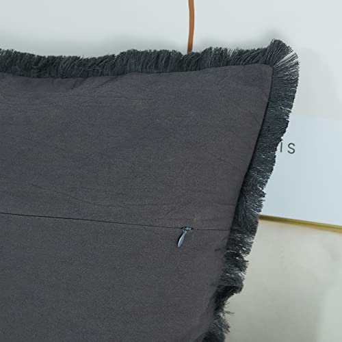 Jojusis Pack Of 2 Decorative Natural Linen Pillow Cover With Tassel Trim Farmhouse Boho Fringed Square Cushion Case For Sofa Couch 18 X 18 Inch Dark Grey #TOP4