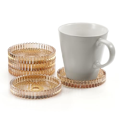 OGANAZI Modern Clear Coaster Set of 5- Glass Coasters for Drinks Crystal Coasters Round Cup Coasters Coffee Table Decor for Office, Kitchen, Bar, Dining Room, Living Room, Patio(Amber)