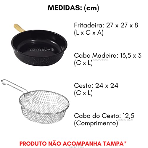 Fritadeira Esmaltada com Cesto Cromado Frigideira Cabo Madeira