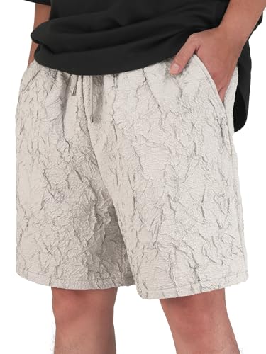 Luckfly Men's Textured Casual Shorts(Only), Loose Fit Lounge Short with Elastic Waist & Pocket Fashion Streetwear for Summer L Khaki