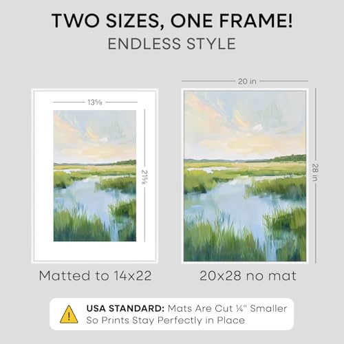 Image of Homeforia 20 x 28 Picture Frame White, High End Metal 20x28 Poster Frames with Mat 14x22 for Photo, 20 x 28 White Frame Matted to 14 x 22 Print, 28x20 Hanging Frame, Tempered Glass, Wall Kit, Set of 2