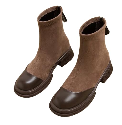 Womens Black Sock Ankle Boots Trending Block Heel Chelsea Boots with Leather Toe Cap Comfortable Stretch Fit for