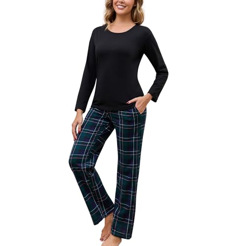 PNAEONG Women's Cotton Long-Sleeve Tops and Full-Length Pajama Set Two-Piece Pjs with Pockets Green...