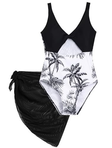 Girls One Piece Swimsuit with Cover Up Skirt Cut Out Bathing Suit Swimwear 8-15Y