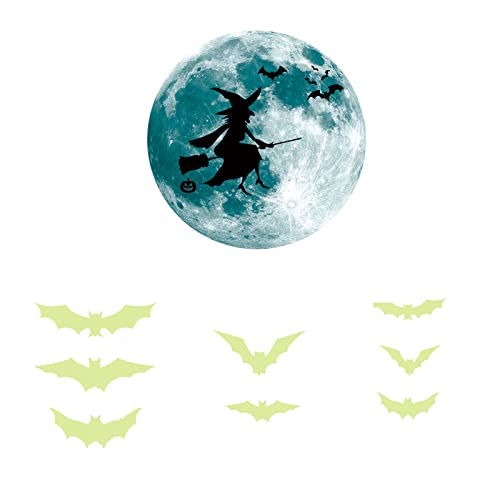 Generic Branded 13 Stück Halloween-Dekorationen, Wandaufkleber, leuchten im Dunkeln, Mond und Fledermäuse, Wanddekoration, leuchtende Halloween-Party-Aufkleber für Wand, Tür, Fenster (Hexe) Cover