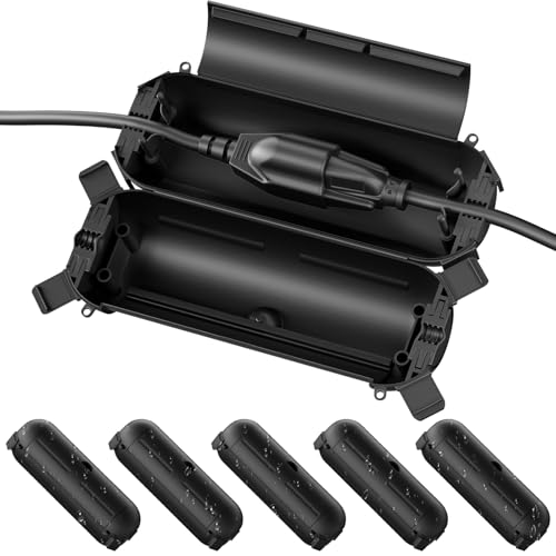 Image of 6 Pack Outdoor Waterproof Extension Cord Safety Cover, for Outlet | Small Electrical Connection Box for Straight Plug, Socket, Halloween, Christmas Holiday Decoration String Light, Black
