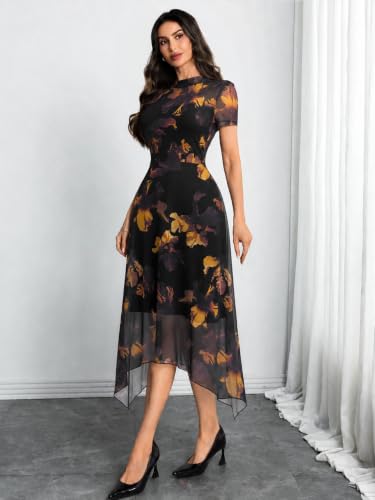 Image of GothDark Women Summer Wedding Guest Floral Mesh Irregular Hem Midi Dress | A-Line, Short Sleeve, Sheer Mesh Overlay, Elegant Vintage Dresses For Party, Semi Formal, Vacation, Dinner, Church