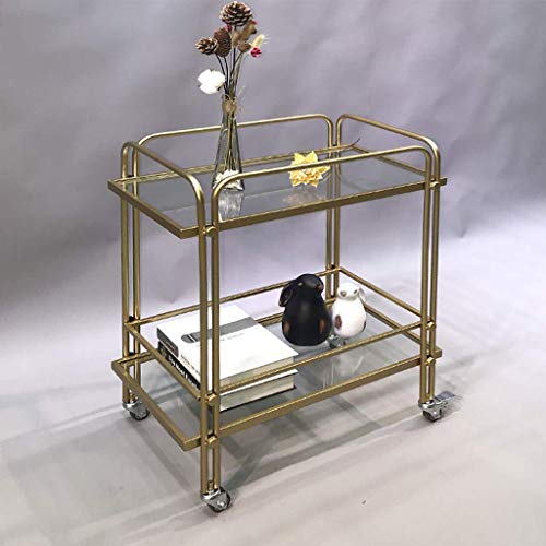Carrito de servicio de 2 niveles de estilo industrial con parte inferior de espejo y parte superior de vidrio templado para almacenamiento de bar y cocina