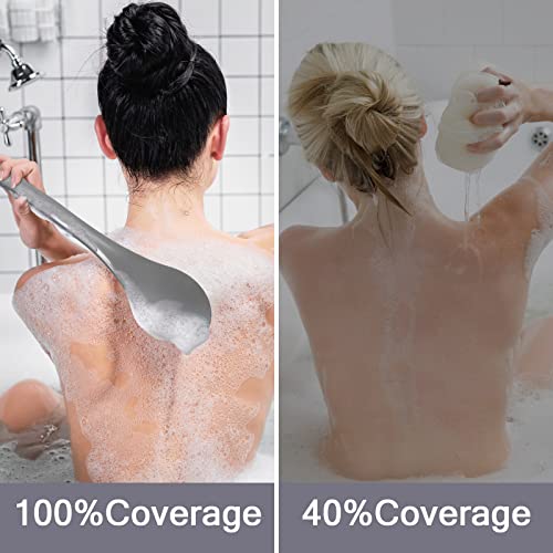 ROLIZOE Back Brush Long Handle for Shower Soft Bristle Back Scrubbers for Use in Shower Ergonomics Curved Plastic Back Scrubber Exfoliating Brush with Hook and Lanyard-Grey - Image 2