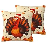 Thanksgiving Day Turkey Fall Decorative Throw Pillow Covers 18x18 Inch Set of 2, Maple Leaves Pumpkin Linen Square Pillow Cases for Farmhouse Couch Bed Sofa Chair Living Room Indoor Outdoor Decor