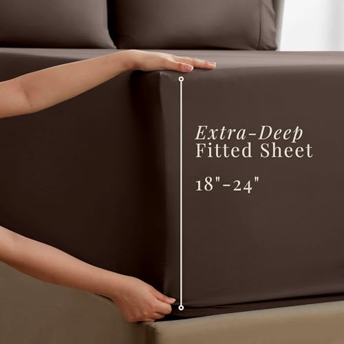 Image of Hearth & Harbor Extra Deep Pocket Queen Sheets Sets - Fits Mattress 18-24 Inches Deep - Extra Deep Pocket Sheets - 6 Piece Queen Size - Brown