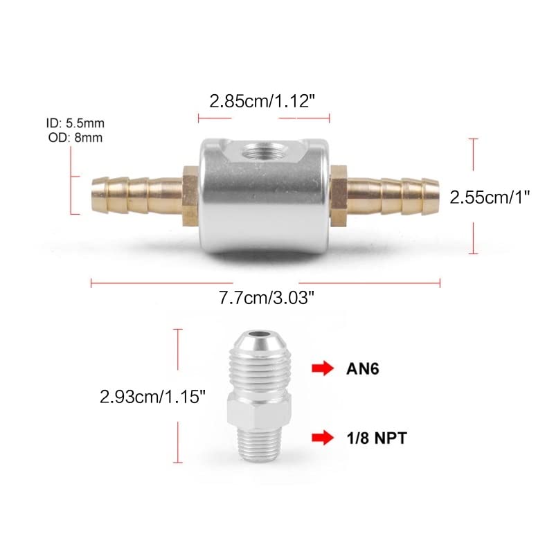 Miniatura 5 de Montaje trasero NPT de 18", manómetro de combustible relleno de glicerina, tamaño de dial de 1-12", 0-100 Psi, con kit de adaptador de montaje 6AN a
