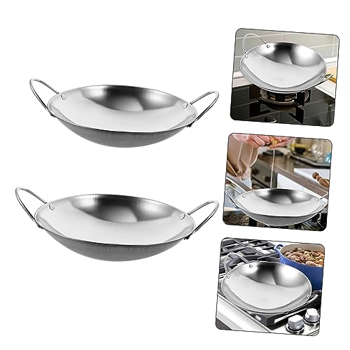 Wok de acero inoxidable doble mango fondo plano 2 piezas miniatura 3