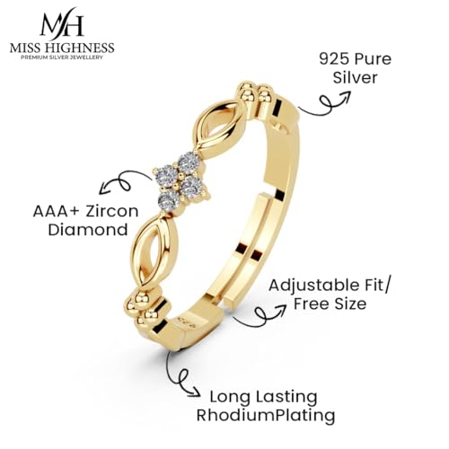 Image of Miss Highness 925 Sterling Pure Silver Ring for Women, Minimal Rings, Adjustable Size, Daily Wear Silver Jewellery, with Certificate of Authenticity, Birthday, Anniversary, Gift for Wife & Girlfriend