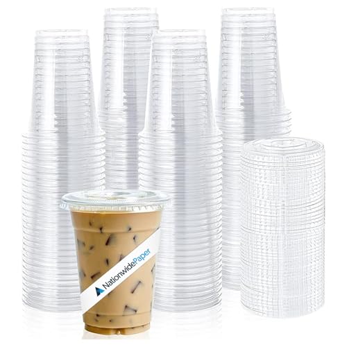 Nationwide Paper 10oz Crystal Clear Smoothie Cups with Flat lids Perfect for Iced Coffee Milkshake Slurpee Ice Cream Razzle Slush Smoothy Partys - Pack of 50