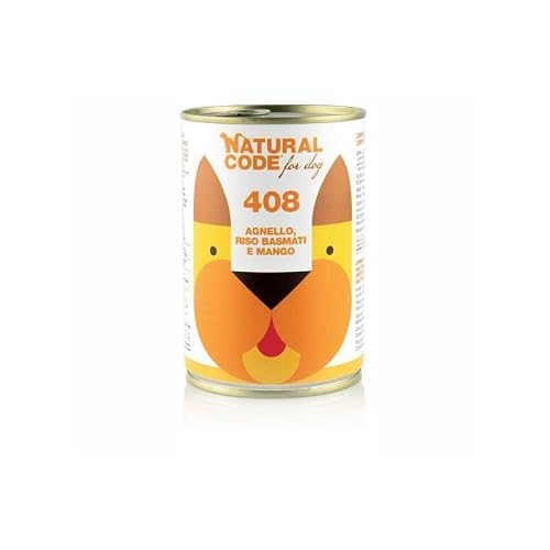 Natural Code Cibo Umido per Cani, alimento completo per cani adulti di tutte le taglie e razze, N. 408 Agnello, Riso Basmati e Mango, 6 scatolette da 400 grammi l'una, 6x400gr.