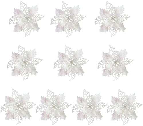 LEMCC 10PCS Artificial Poinsettia Christmas Flower Decor with Clips White Poinsettia Flowers Glitter Christmas Tree Ornaments for Xmas Wedding Party Wreath DIY, 11cm/4.3inch(58379773-9293-1413459621)