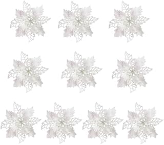 LEMCC 10PCS Artificial Poinsettia Christmas Flower Decor with Clips White Poinsettia Flowers Glitter Christmas Tree Ornaments for Xmas Wedding Party Wreath DIY, 11cm/4.3inch(58379773-9293-1413459621)