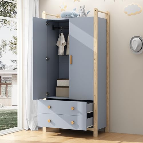 Armario de 2 puertas, armario con barra para colgar, 2 cajones, para dormitorio, salón, pasillo, armario de madera aglomerada, cuerpo azul + marco de pino, 90 × 45 × 180 cm