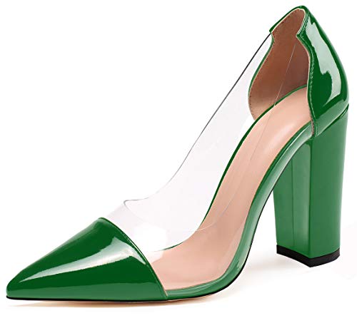 SAMMITOP Women's Chunky Heel Pumps Pointed Toe High Heel Transparent Dress Shoes2