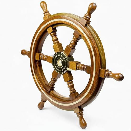 Brainmart Rueda de Barco náutica Hecha a Mano de Madera, capitán Pirata, Barco, Bienvenida a Bordo, Volante Colgante para el hogar | Decoración del hogar (Borde de latón, 18 Pulgadas)