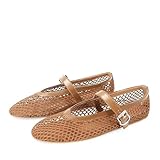 MICIFA Mesh Ballet Flats for Women, Fishnet Buckle Strap Ballerina Shoes Comfy Casual Office Flats Brown