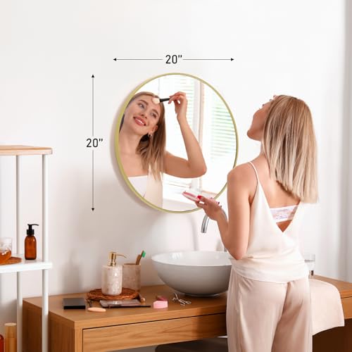 Image of Sweetcrispy 20 Inch Round Wall Mirror with Tempered Glass, Bathroom Mirror Over Sink, Anti-Fog & Waterproof Round Mirrors for Bathroom, Entryway, Bedroom, Shatterproof Design, Gold