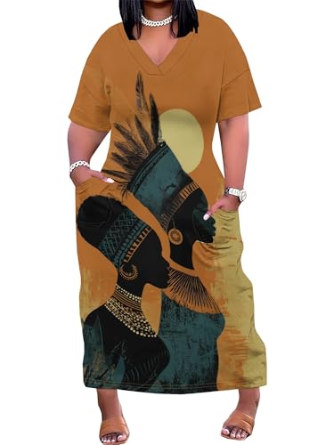 Image of Plus Size Maxi Dress for Women Short Sleeve V Neck Casual Loose Sundress with Pockets