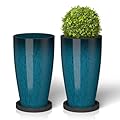 ZMTECH 21 Inch Tall Plant Pots for Indoor & Outdoor Use Set of 2, Large Plastic Planters with Removable Tray for Outside with Drainage Holes for Front Porch Patio Garden, Gradient Dark Teal