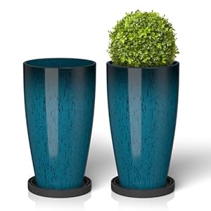 ZMTECH 21 Inch Tall Planters for Outdoor Plants Set of 2 Large Outdoor Planters for Outside Round Plant Pots Plastic Flower Pots with Drainage Holes for Front Porch Patio Garden, Dark Blue Green
