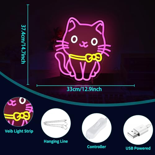 Image of Neon Sign - HSJNJKFU Cat Neon Signs for Wall Decor Pink Led Sign Cute Cat Light Up Signs for Room Birthday Party Home Decor - LED Neon USB Powered