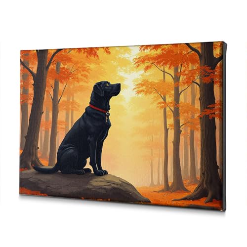 Toile chien noir forêt d'automne déco murale nature salon