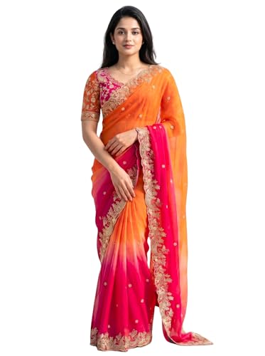 Image of Amazon Brand - Tavasya Fancy Fendy Satin Silk Saree with Multi Sequence Embroidery Work | Heavy Embroidered Wedding Party look Saree with Running Blouse Piece