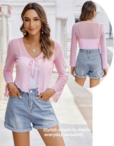 Image of Avidlove Womens Sheer Shrug Tie Front Long Bell Sleeve Mesh Bolero Lightweight Summer Casual Short Shawl Top