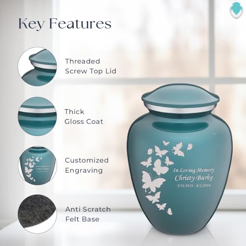 Image of Geturns - Adult Custom Butterfly Cremation Urns for Human Ashes I Teal Large Funeral Urn for Female and Male I 200 lbs