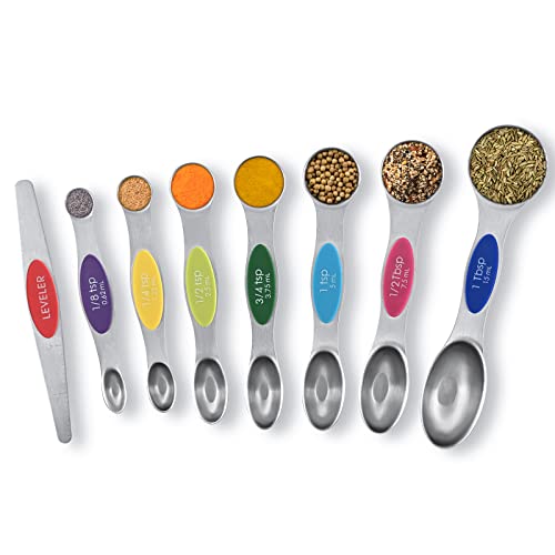 Elyum Measuring Spoons, 8 Sets Magnetic Measuring Spoons Dual Sided Stainless Steel Measuring Spoons Stackable Nesting Tablespoon Teaspoon, Fits in Spice Jars, for Dry or Liquid Ingredients (Rainbow)