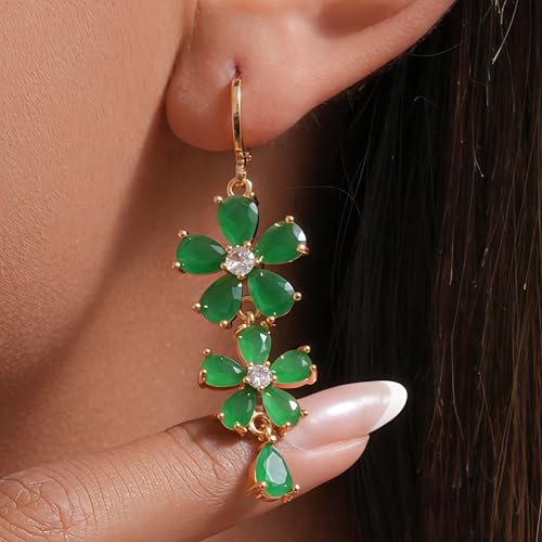 Vuskdtei 18K Gold Plated Green Jade Sunflower Flower Floral Long Dangle Earrings for Women, Hypoallergenic Teardrop Cubic Zirconia Earrings, , Elegant CZ Drop Earrings, Wedding Bride Teacher Jewelry Gifts Fashion (7098-Flower-Green) by Vuskdtei - Image 4