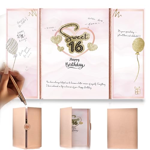 Image of Sweet 16 Birthday Rose Gold Guest Book Party Decorations for Girls 12 inchx18 inch - 16 Years Guest Book Alternative - Sweet Sixteen Party Keepsake - Sign In Poster Card, 16th Birthday Gifts - No Pen