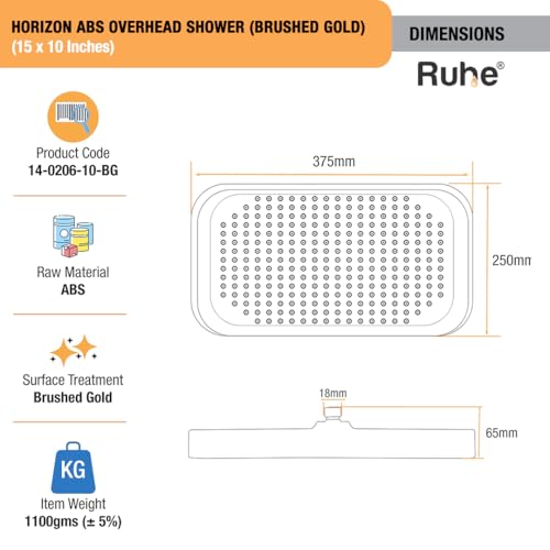 Image of Ruhe Horizon Overhead Shower (15 x 10 Inches) | Rainfall Showerhead | Easy Install | Luxury Spa Experience, Brushed Gold Finish