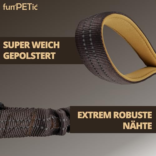 funPETic Hundeleine elastisch – Anbinden möglich, Zwei Griffe, reflektierend, für große und mittelgroße Hunde - braun