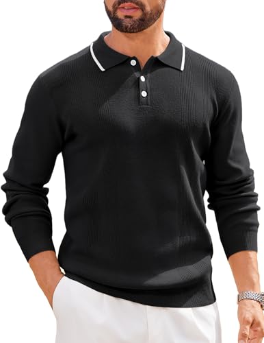 COOFANDY Mens Knit Polo Sweaters Long Sleeve Vintage Polos Casual Dress Pullover Old Money Tops Black, Large