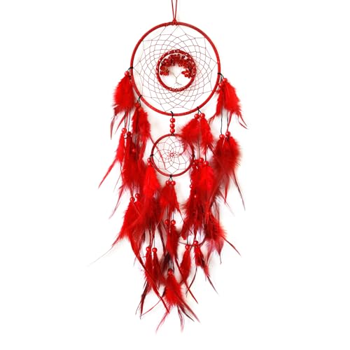Red Dream Catcher Wall Decor Crystal Tree of Life Dream Catchers Handmade Feather Dreamcatcher Wall Hanging Ornament Art Craft for Bedroom Living Room Home Decor