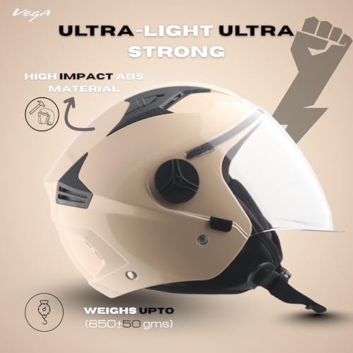 Image of Vega VO-05 Clark ISI Certified Open Face Motorcycle Helmet with High-Impact ABS Shell, UV-Resistant Scratch-Resistant Visor, Comfortable Breathable Inner Padding & Secure Fit - Ivory - L