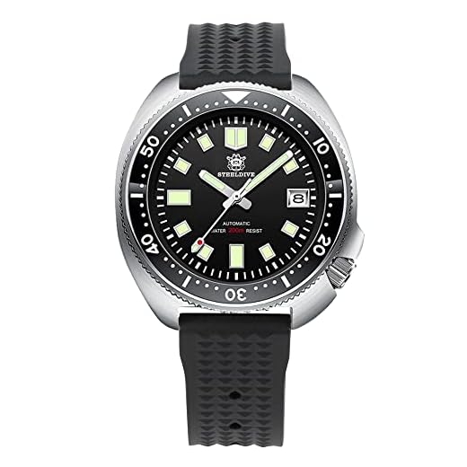 Relógio de pulso masculino Steeldive automático 1970 SD1970 NH35 Movimento 200 M Relógios de mergulho, Borracha preta