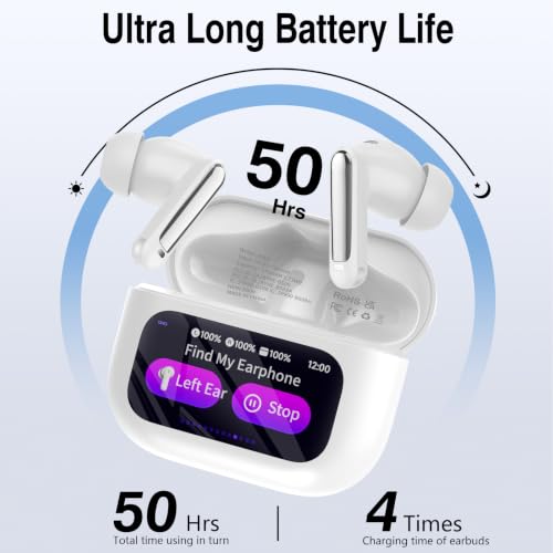 Image of Thunelec Wireless Earbuds with Touch Screen, 2026 New Bluetooth 5.4 Headphones with ANC /ENC Mic, 50H HiFi Stereo Ear Buds with 5 EQ Modes, Transparency Mode, IPX7 Earphones for Running /Fitness, White