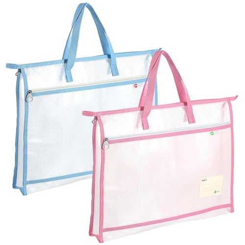Image of 2 Pcs A3 Project Bag for Quilting Craft Storage for Quilters Clear Mesh Design Art Supply Bag Artwork Storage Organize for Artworks Charts and Teaching Material Multipurpose